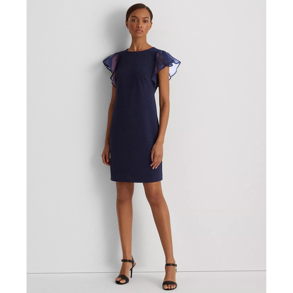 Lauren Ralph Lauren Women's Crepe Flutter Sleeve‎ Dress Lighthouse Navy Size 2